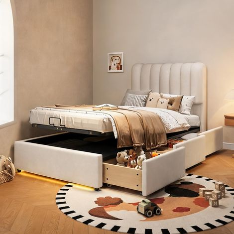 Cadre de lit beige en velours 210,5 x 91 x 102 cm (1/5)