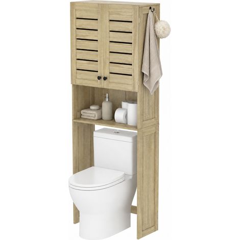 Meuble WC dessus de toilette/machine à laver avec placard à porte double, portes à persiennes, 67x31,5x190cm, chêne (1/5)