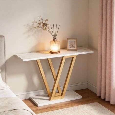 REDOM Mesa consola 110x30x80 cm, diseño estrecho, patas metálicas en V, para entrada y salón, metal y madera, dorado y blanco (1/5)