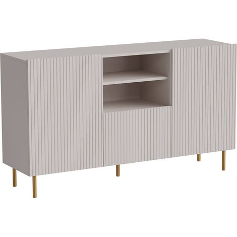 Buffet Stornara, buffet de salon avec deux portes battantes, un tiroir et deux compartiments ouverts, effet cannelé, 150 x 42 x 82 cm, beige (1/4)