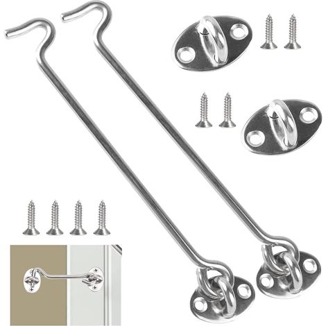 2 Stück Kabine Haken, Sturmhaken mit Ösen, 20cm Edelstahl Fensterriegel mit Montage Schrauben für Tür Garagentor Fenster Scheunentor (1/5)