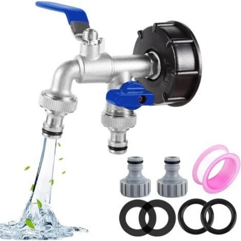 Robinet Cuve 1000L S60X6 IBC Raccord Robinet avec raccord de tuyau Robine double sortie 1/2"+3/4"Adaptateur de Réservoir en Alliage d'aluminium Robinet de Jardin avec Adaptateur en Plastique(bleu) (1/5)