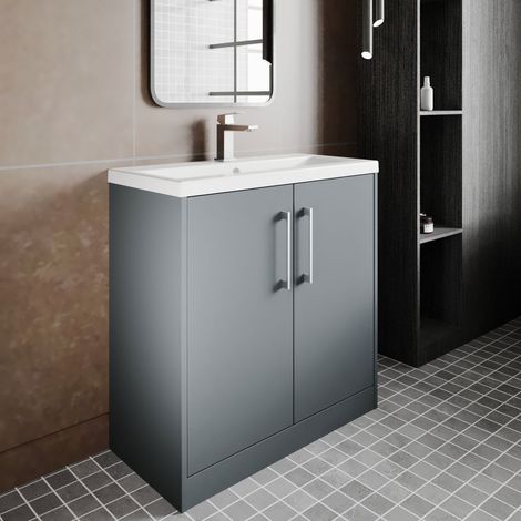 Hudson Reed Juno Matt Coastal Grey 800mm Floor Standing 2 Door Vanity Unit and Mid Edge Ceramic Basin - JNU2305A (1/5)