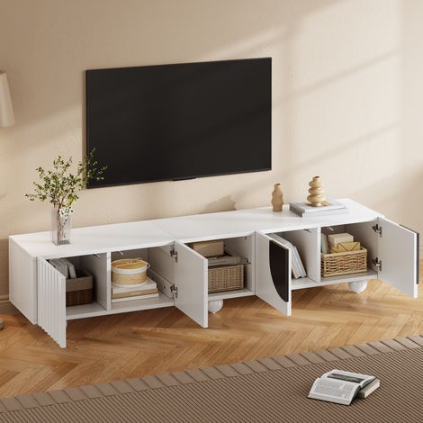 Meuble TV MDF et panneaux de particules blanc avec accents noirs 180x40x41,5 cm, rangement ouvert et fermé (1/5)