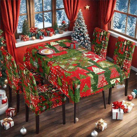 Nappe de Noël classique rouge et verte, impression numérique, imperméable, ensemble de housses de chaises TC-191 (140 x 210 cm)