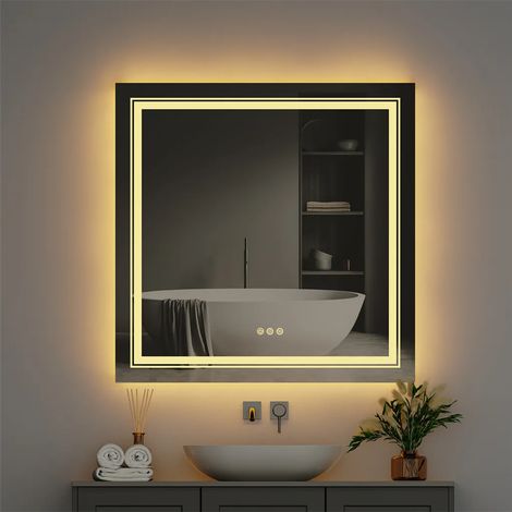 LED Badspiegel 90x90cm Badspiegel mit Beleuchtung, 3 Lichtfarbe Lichtspiegel Wandspiegel Badezimmerspiegel mit Touch-schalter dimmbar beschlagfrei IP44 (1/5)