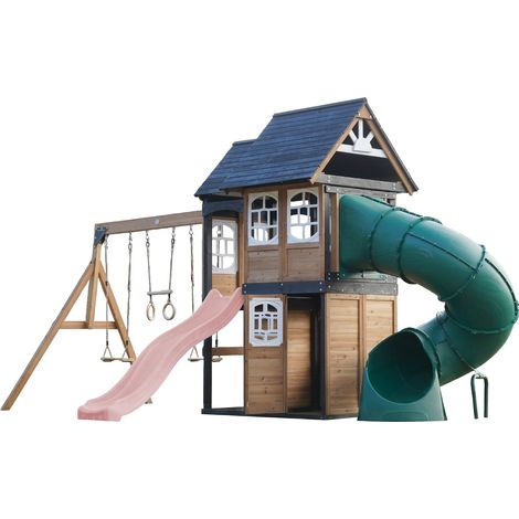 Axi Noud Aire De Jeux En Bois, 2 Balançoires, Toboggan Tubulaire Et Toboggan Rose Pastel   Maisonnette Xxl Pour Enfants Avec Structure D'Escalade Et Trapèze  Pour Le Jardin
