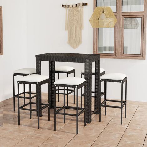 Set 1 Table de bar + 6 chaises de bar/Tabourets,Ensemble de bar de jardin et coussins Résine tressée Noir -BV55585 (1/5)