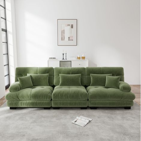 Canapé 3 places modulable à assise profonde en chenille verte, 313 x 77 x 81 cm HAVRYA (1/5)