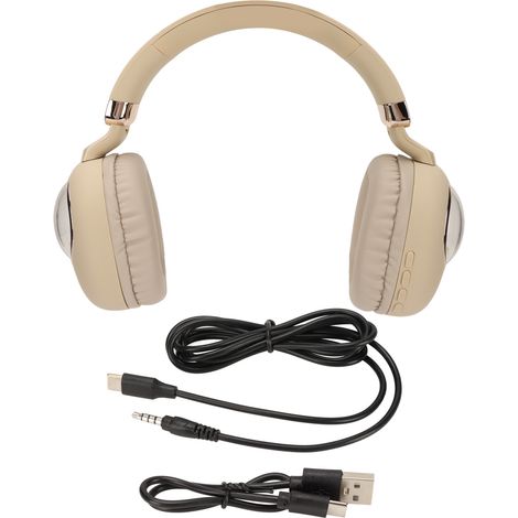 Casque Gamer Bluetooth Mignon avec LED, Sans Fil ou Filaire, pour Jeux et Musique, Couleur Beige Doré (1/5)