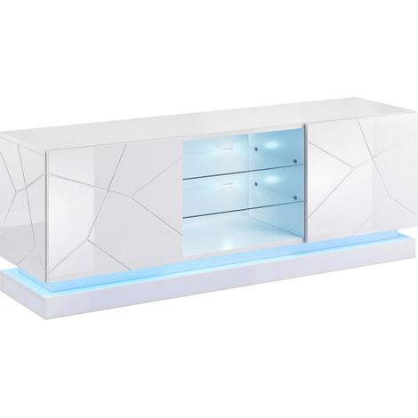 Mueble TV Linar, Blanco + Blanco brillante, Número de puertas: 2, Número de cajones: 0, 160x57x40cm, LED
