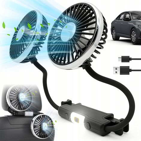 Ventilatore per auto - Ventilatore USB - Doppia ventola - 3 velocità e regolabile a 360° - 16×15×3 cm - Doppia testa e illuminazione a LED - Per sedile posteriore e viaggi (1/5)