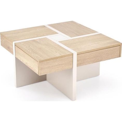 Table basse carrée 80 cm avec 4 tiroirs - Bois et Beige - Flax (1/5)
