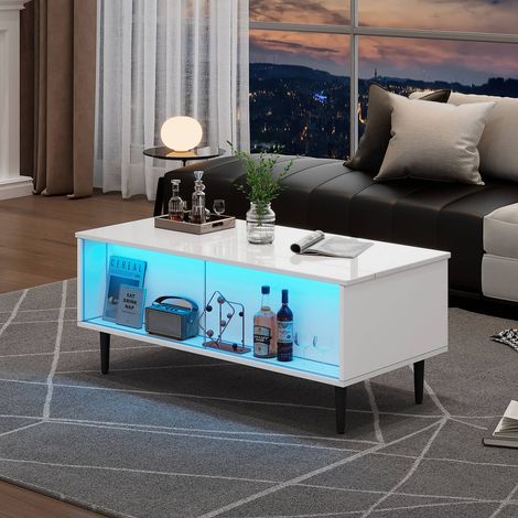 Table basse réglable en hauteur avec rangement caché, led, verre trempé, 105 x 50 x 43 cm (1/5)