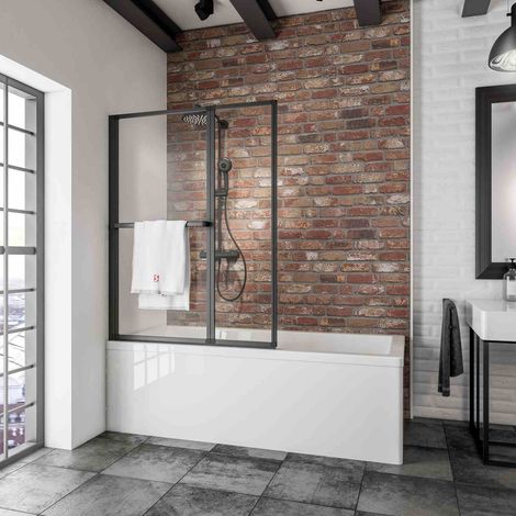 Schulte – Pare-baignoire pliant sans percer 109 x 140 cm – Écran pivotant à coller – Verre de sécurité 3 mm – Profilé noir – Montage mural réversible