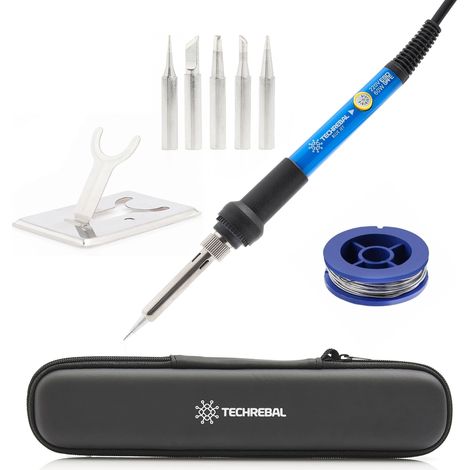 Set saldatore Techrebal "Blue Jet" 60W 7 in 1 (saldatore, 5 punte e supporto) in una custodia singola + 50 g di stagno
