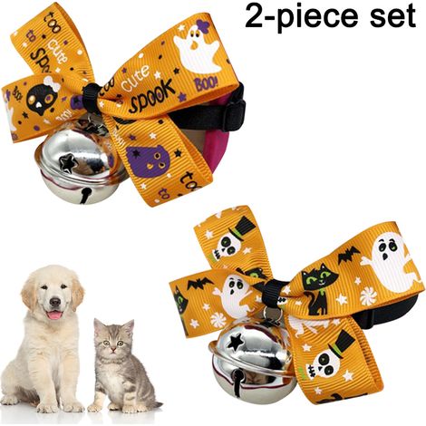 Lot de 2 colliers pour chat d'Halloween avec nœud papillon amovible, collier de sécurité à ouverture rapide avec clochettes (taille ajustable de 22 à 36 cm) (1/5)