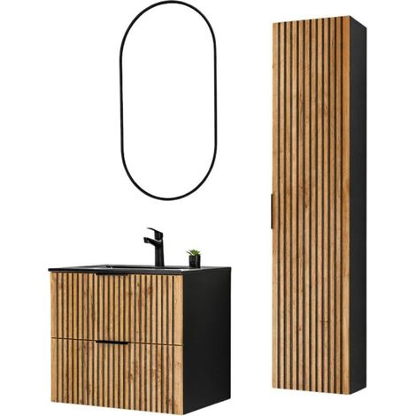 Ensemble KINOKO : meuble sous vasque 60cm + vasque à encastrer noire + miroir LED + colonne de rangement