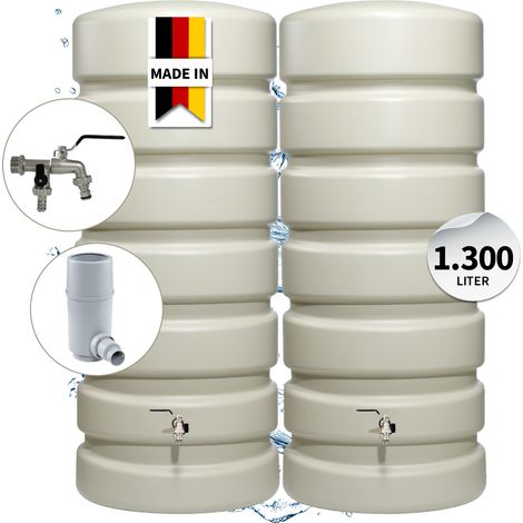 4rain CLASSIC Regentonne Wandtank-SET Komplett-Set 1300 Liter sandbeige, 2 x CLASSIC 650 Liter inkl. Verbinder und Fallrohranschluss (1/5)