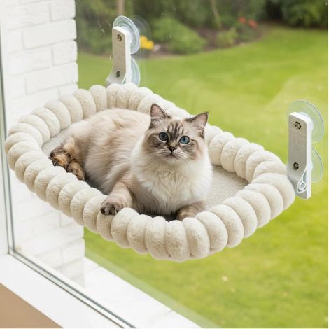 1 Hamac Fenêtre Chat, Lit Peluche Avec 4 Ventouses, Cadre Acier Supporte 18kg, Pliable Pour Intérieur (1/5)