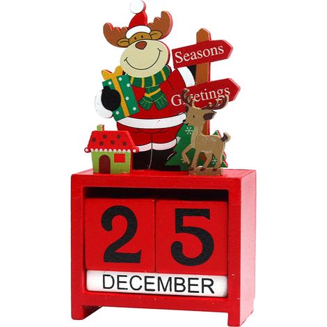 Calendrier de l'Avent en Bois, Calendrier de Compte à Rebours de Noël, Blocs de Calendrier Motif de Renne de Dessin Animé, Decoration Noel Accessoire de Fête pour la Maison, Bureau, Étagère (1/5)
