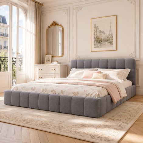 Lit Double 140x200 cm avec Sommier à Lattes, Lit Capitonné Design Puff Modern Chic, cadre de lit bas, tissu en lin, Girs (1/5)