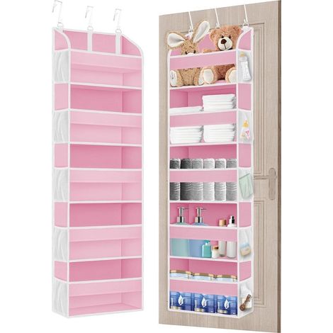 Verbesserter Türorganizer fürs Schlafzimmer mit 3 Metallhaken, multifunktionale Badezimmer-Aufbewahrungstasche mit 5 Fächern und 10 Netzfächern, rosa. (1/5)