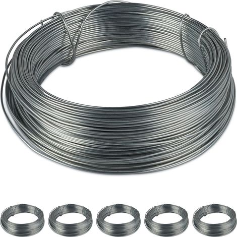 Relaxdays Galvanised Binding Wire, Set of 6, Steel, Thin Garden Wire, Crafting, 50 m Long, 1 mm Thick, Silver, Rustproof