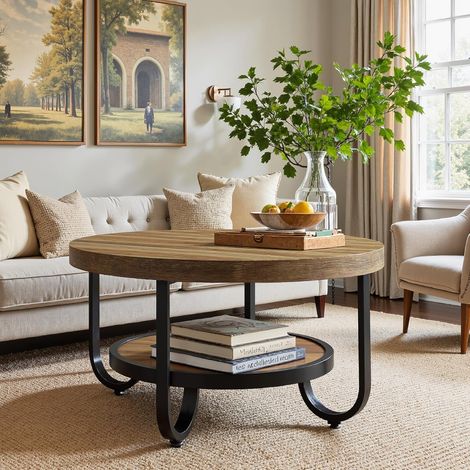 Tribesigns 2-Tier Round Coffee Table with Storage Shelf for Living Room, 31.1-Inch Center Cocktail Table with Sturdy Curved Metal Legs, Easy Assembly, Brown (1/5)