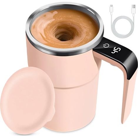 Tasse à mélangeur automatique, en acier inoxydable, pour café, thé, chocolat chaud, lait, cacao, protéines (modèle 2 rose) (1/5)