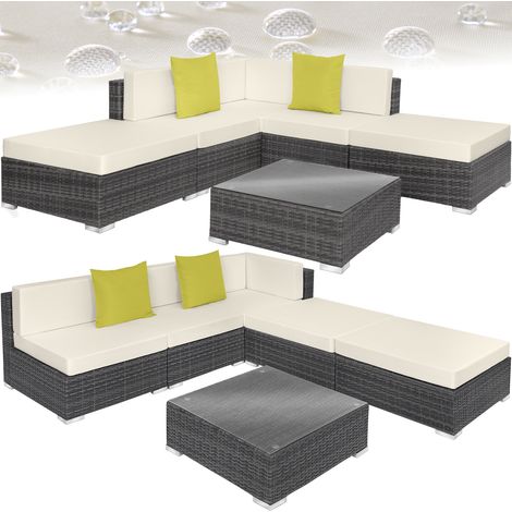 Conjunto de ratán Paris - mueble de exterior de poli ratán, muebles de ratán sintético con cojines y fundas, asientos de jardín con estructura de aluminio (1/10)