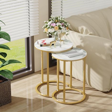 Rotondo Tavolino Sovrapponibili per Soggiorno Set di 2 Tavolino da caffe in marmo Pietra Sinterizzata Bianco da Salotto - Gambe dorato Grande 40cm Piccolo 35cm