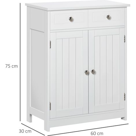 Meuble de salle de bain à deux portes, étagères réglables et deux tiroirs en bois, 60 x 30 x 75 cm, blanc (1/5)