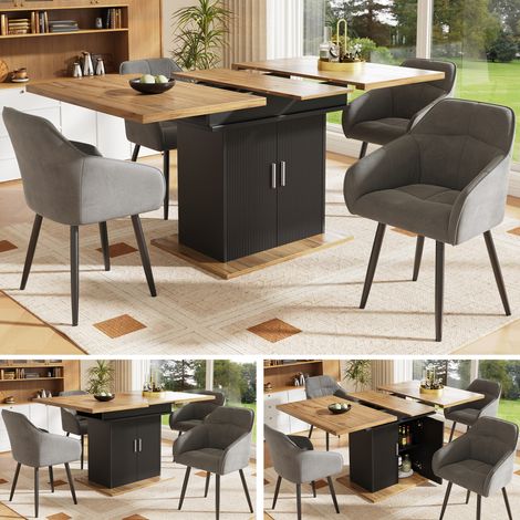 Mesa de comedor (110)140×80×76 cm, Mesa de cocina/salón extensible, con almacenaje integrado, 2 puertas, MDF, color negro (1/5)