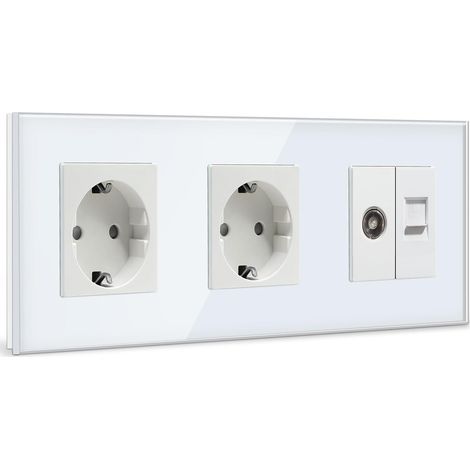 Schuko Steckdose mit 1/2 PC mit TV Weiß Glas Panel Steckdose Glas TV antenna coaxial and RJ45 Cat5e Ethernet 16 Amp Steckdose 228mm Doppelt Wandsteckdose Verlängerungssteckdosen (1/5)