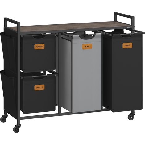 Vasagle – Panier à linge 150 L – 4 compartiments avec étagères et poches latérales – Acier et tissu Oxford – Roulettes verrouillables