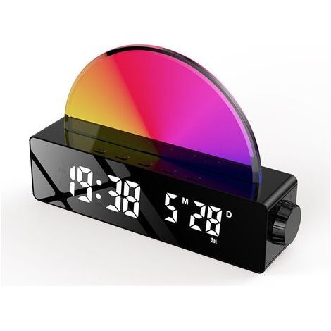 Despertador luminoso, lámpara de despertador con simulación de amanecer, función snooze/6 alarmas/10 sonidos para dormir/temporizador/muestra de temperatura, lámpara ambiental con 7 colores cambiantes (1/4)
