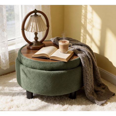 Round Storage Ottoman with Tray, Boucle Upholstered Footstool with Removable Lid, Circle Coffee Table for Living Room Bedroom, Dark Green (1/5)