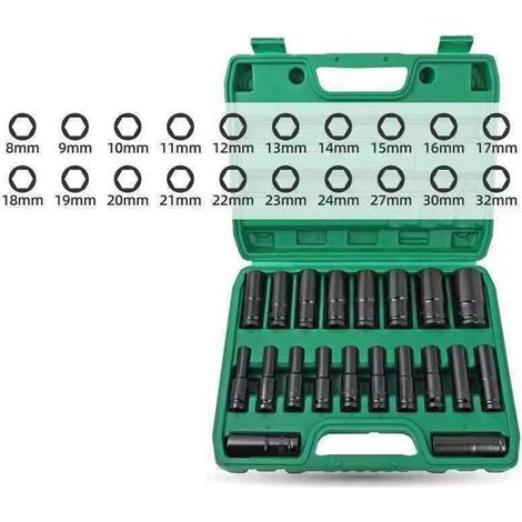 Jeu de douilles à choc électrique 20 pièces, embouts hexagonaux allongés 8-32, tête poinçonneuse volante, coffret outillage auto et mécanique, finition noire électrophorétique, exclusif Mexique. (1/5)