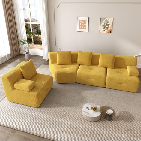 Divano modulare 4 posti 311/90/65 cm in velluto a coste giallo, 4 moduli indipendenti (1/5)