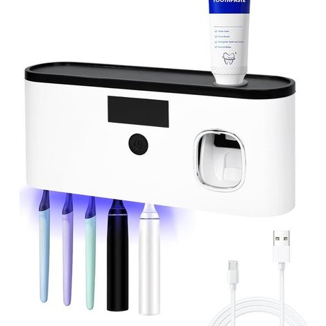 Zahnbürstenhalter fürs Badezimmer geeignet zur Wandmontage ohne Bohren mit 5 Zahnbürstenfächern Zahnbürstensterilisator mit Zahnpastaspender und weiß (1/5)