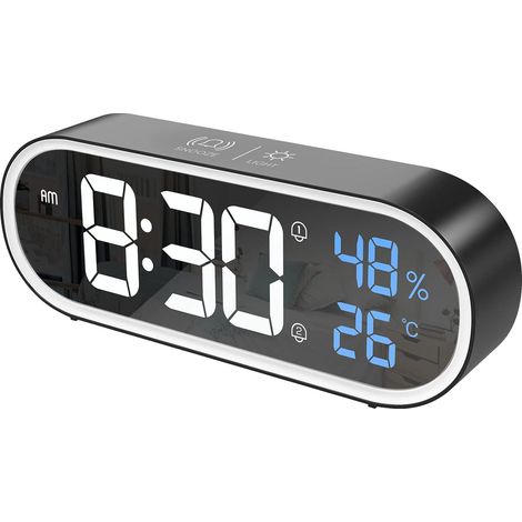Réveil numérique LED noir avec miroir, affichage géant heure/température/humidité, 40 sonneries, charge USB, horloge de chevet moderne (1/5)