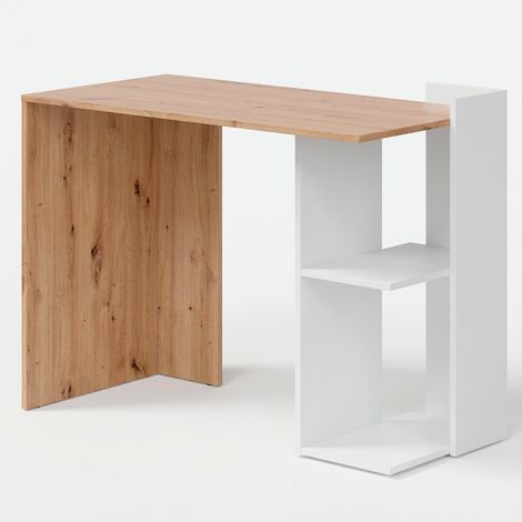 Scrivania Moderna Reversibile Con Vani Laterali A Giorno Mobile Desk Per PC Studio Home Office Struttura Resistente In Melaminico 100 x 52 x 78 Cm Bianco E Rovere