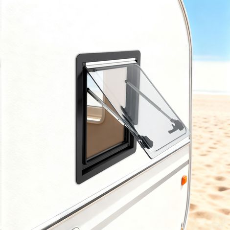 Fenêtre de caravane - 500 x 450 mm - Fenêtre déployante à 70°, Cadre en aluminium, avec moustiquaire et store intégré, universel pour camping-car, fourgonnettes, caravanes (1/5)