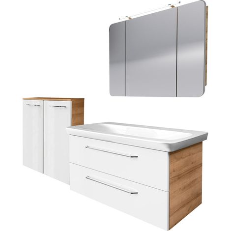 Fackelmann MILANO Badmöbel Set 4-teilig, 100 cm, Braun hell/Weiß, Keramik+Spiegelschrank+Doppel-Midischrank"-"90308145 (1/3)