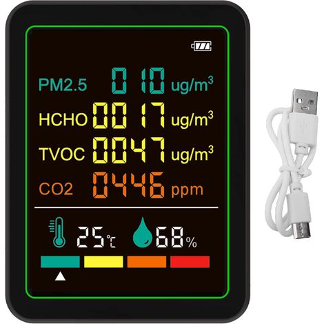 Misuratore di qualità dell'aria 6 in 1, tester per la rilevazione di temperatura e umidità, CO2, TVOC, HCHO e PM2.5, portatile per uso interno. (1/5)