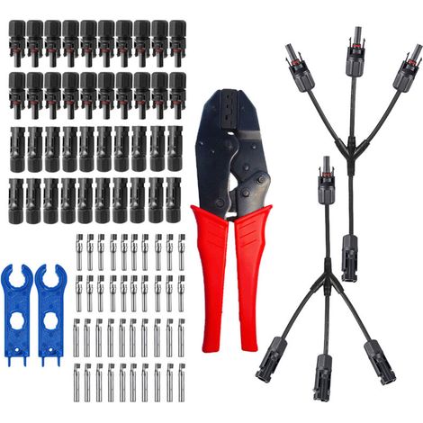 Connettori spina/presa a 20 coppie per cavi di moduli solari con pinza crimpatrice, utensile di montaggio per connettori a Y da 1 a 3 per sistemi fotovoltaici impermeabili secondo IP67 (1/5)
