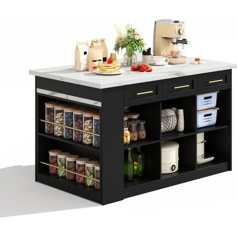 Îlot central de cuisine avec table extensible intégrée 150x90x90 cm, rangement 6 tiroirs et 6 compartiments, plateau blanc effet marbre, noir – CHICFURN (1/5)