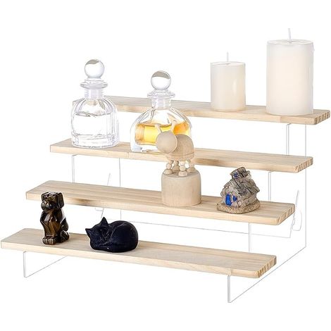 4-stufiger, transparenter Acryl-Displayständer, Holzorganizer, mehrstufiges Holzregal, erhöhter Ständer für Figuren, Parfums, Armbänder, Kosmetika, Schnapsgläser und Sammlerstücke. (1/5)
