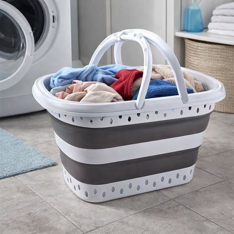 Panier Corbeille à linge retractable et pliable avec Ances - 45 litres - Blanc Gris (1/5)